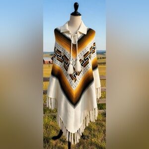 Fringe Aztec Poncho w/Colar VNeck Ecuador Southwest Boho Guajan Hand Loomed VTG